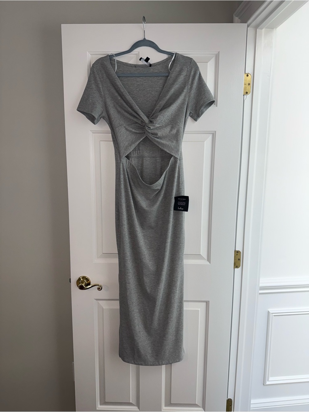 Lulu's Gray Knot-Front Cutout Midi Dress